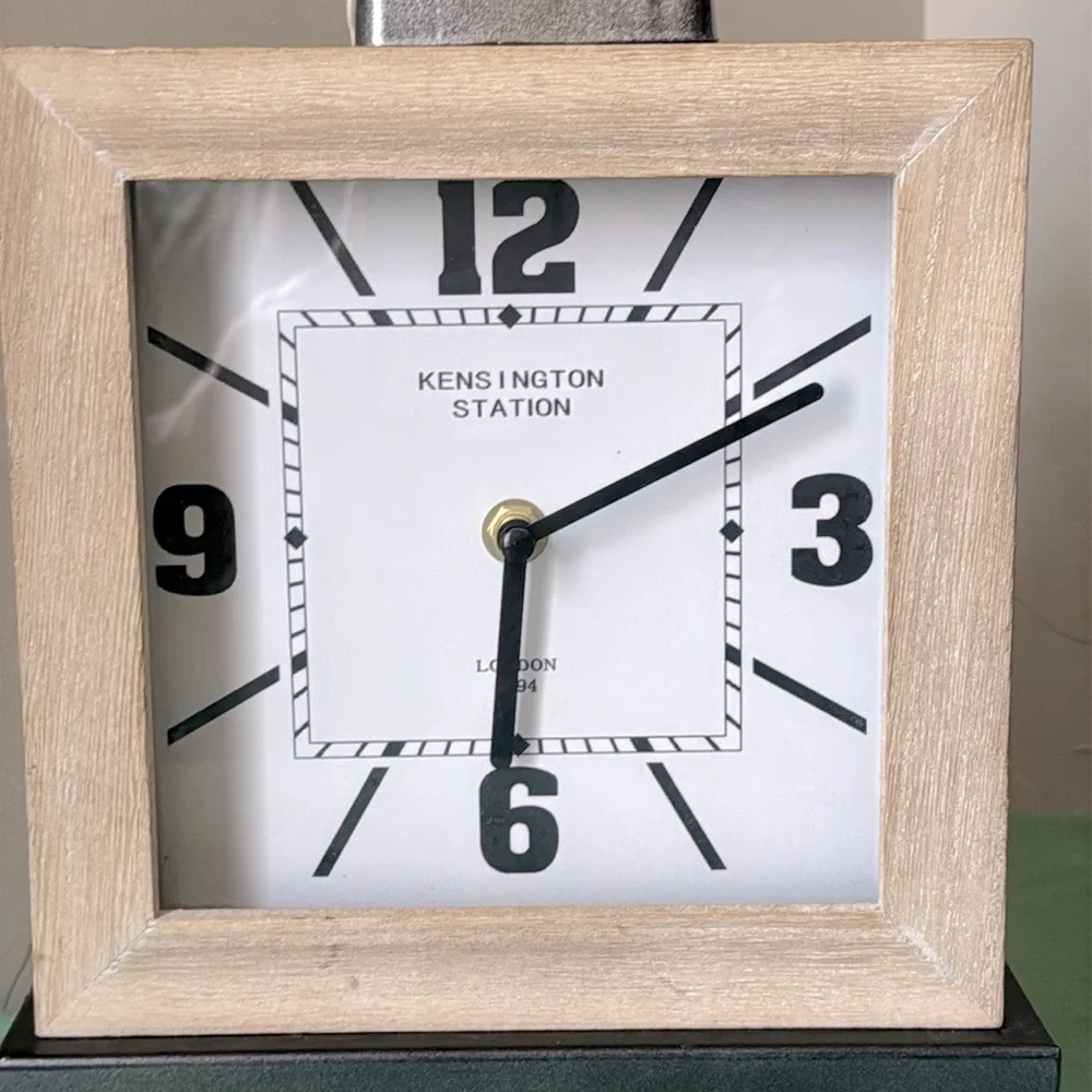 Rustic Industrial Square Table Clock Silver Metal Accents Antique Farmhouse